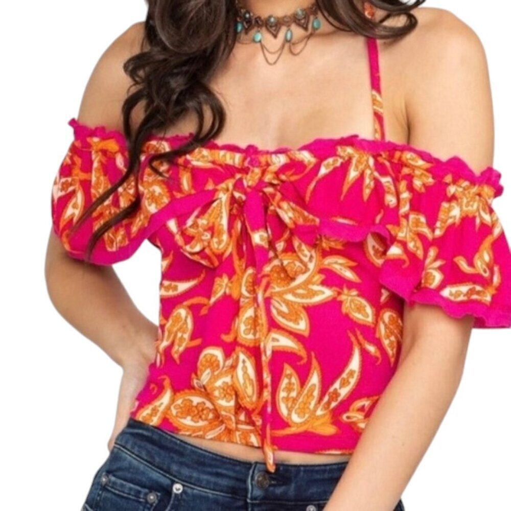 Free People Cha Cha Cha Bohemian Pink Orange Floral Cold Shoulder Top Small